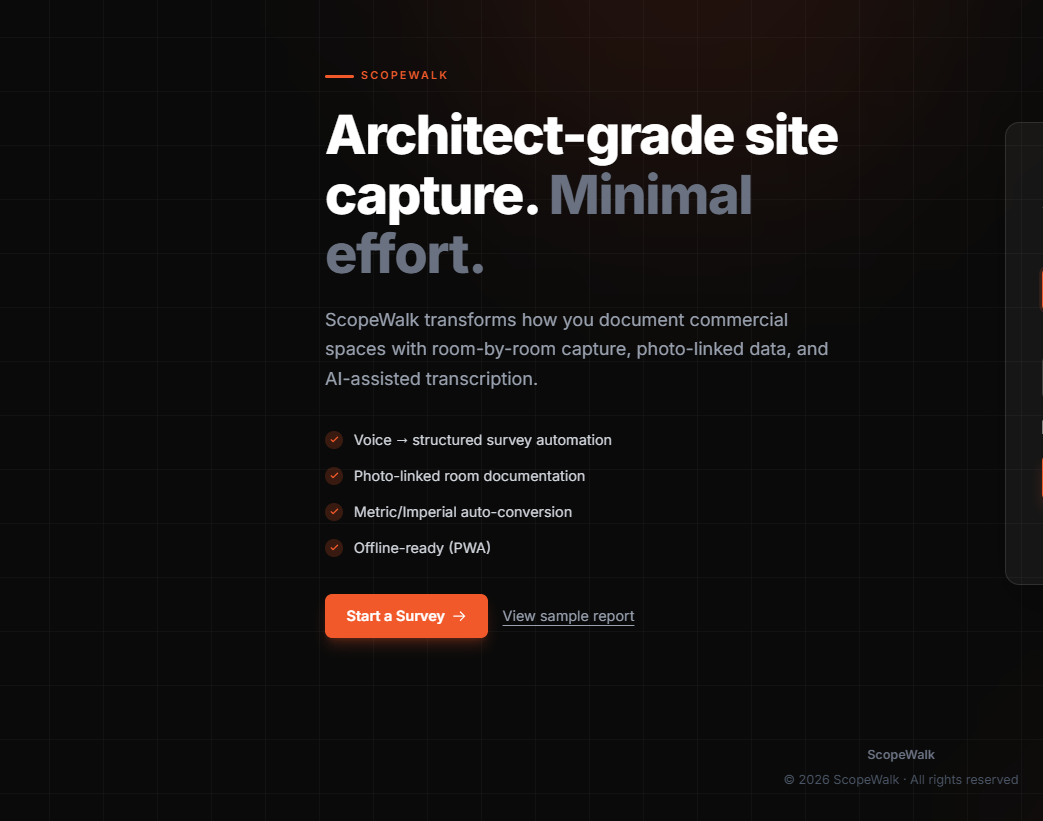 ScopeWalk site documentation platform showing structured project deliverables with labelled room photographs and conditions reports